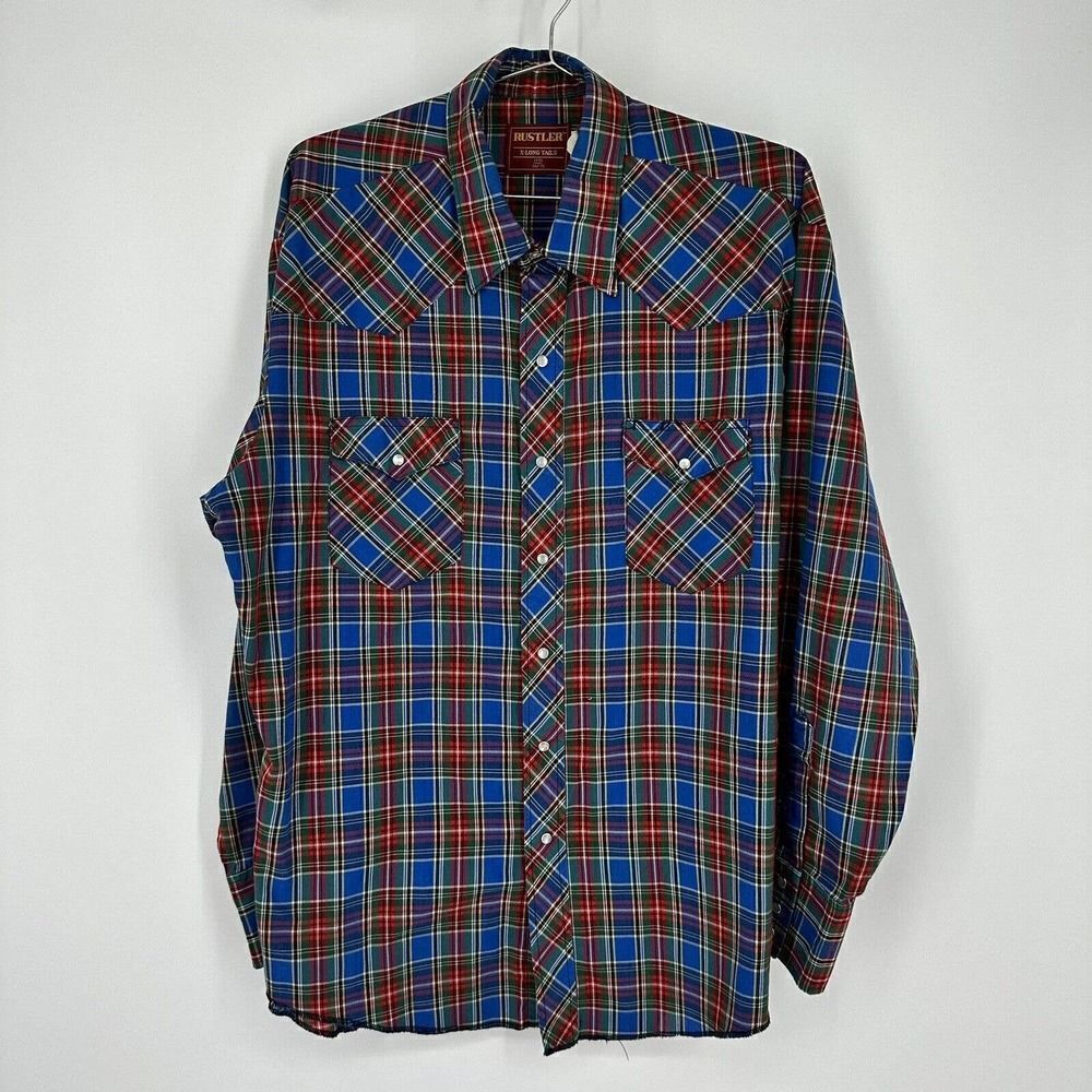 Vtg Rustler Western Pearl Snap Shirt XLong Tails Cowboy Rodeo Blue Plaid Size XL